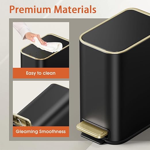 Small Bathroom Trash Can with Lid Soft Close, 5L / 1.3 Gallon Slim Garbage Can with Removable Inner Bucket, Step Stainless Steel Trash Bin for Office, Bathrooms, Bedroom, Living Room (Black)