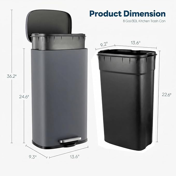 8 Gal Kitchen Trash Can, 30L Recycling or Garbage Bin, Brushed Stainless Steel Waste Basket, Soft&Quiet Close Dustbin, with Step-On Pedal, Removable Inner Bucket, for Home, Office, Living Room