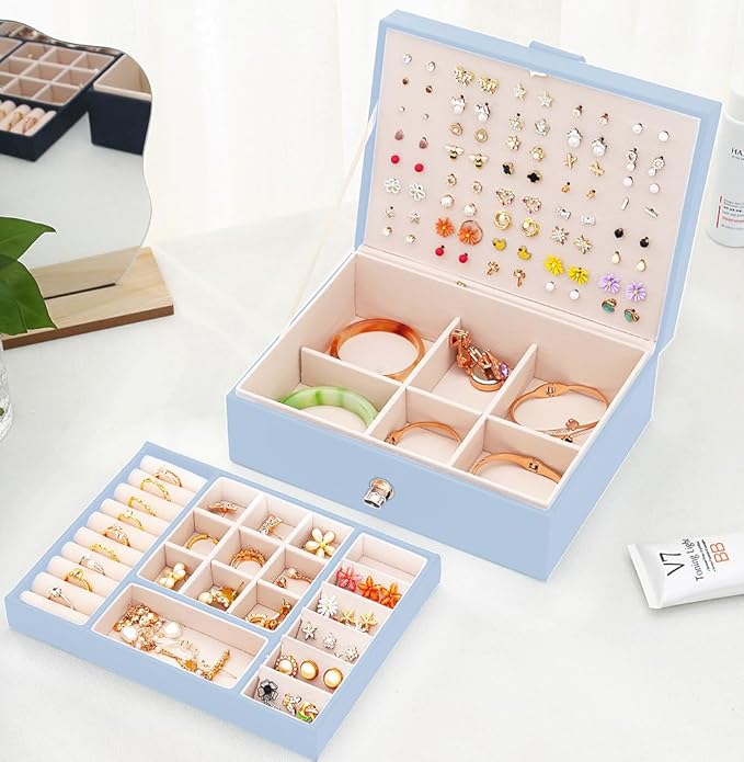 QBestry Girls Jewelry Box Earring Holder Organizer for Girls Jewelry Organizer Box Stud Earrings Organizer for Girls Womens Blue Jewelry Box for Earrings and Necklaces Rings Stud Earrings Box for Teen