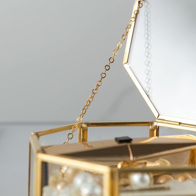 Glass Vintage Jewelry Box, Golden Geometric Jewelry Display Organizer Box Vanity Lidded Box Home Decor Accent Decorative Box for Storage Trinket Rings Bracelet