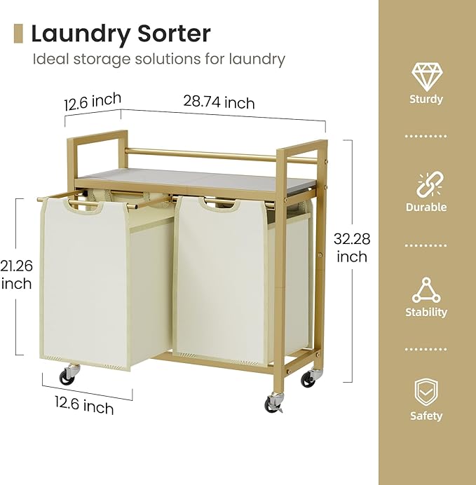 SwaaVee Laundry Hamper, Laundry Basket, Laundry Sorter with 3 Removable Bags, Clothes Basket with 3 Compartments, Wheels, Shelf for Laundry Room Bathroom Bedroom (2 Bags-Golden)