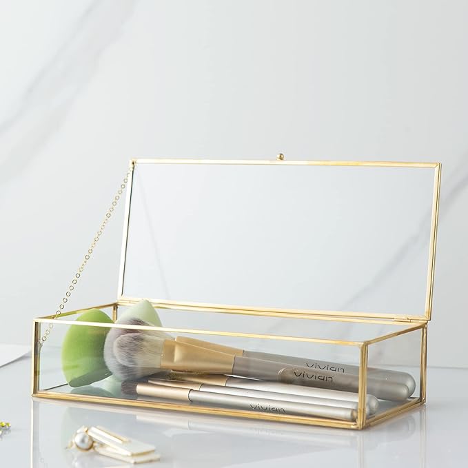 Vintage Glass Keepsake Box, Rectangle Jewelry Display Organizer Box Vanity Lidded Box Home Decor Accent Decorative Box for Storage Trinket Rings Bracelet