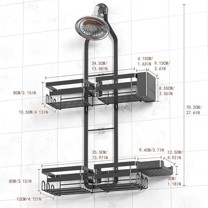 Over the Shower Head Caddy for Handheld Showerhead - Rustproof Hanging Shower Organizer, No Drill 2-Tier Bathroom Storage Shelf with Soap Holder, Black
