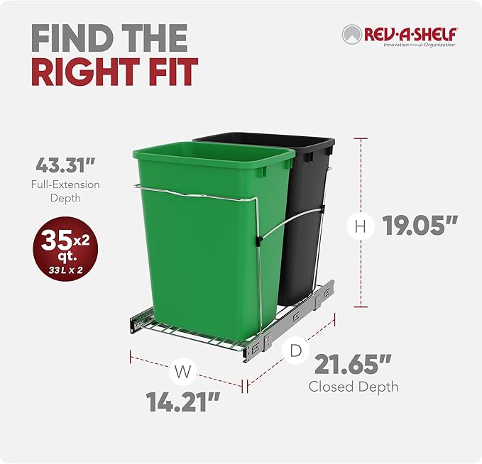 Rev-A-Shelf RV-18KD-1918C-S Double Pullout Trash Can for Kitchen Cabinets 35 Quart Garbage Recycling Bin Container on Full Slides, Green/Black