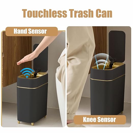 Yatmung 2-Pack - Automatic Trash Cans Touchless Motion Sensor Bathroom Trash Can - Waste Basket for Bedroom, Home Offices, Small Spaces - Compact Smart Garbage Can with Lid - Black with Gold Edge