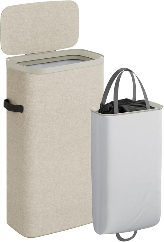 CASAMAYA Laundry Basket with Lid, Slim Laundry Hamper, 65L collapsible Laundry Organizer, Easy Assembly, with Handles and Removable Liners, 15.4 x 8.7 x 29.5 Inches, Beige JSP901M