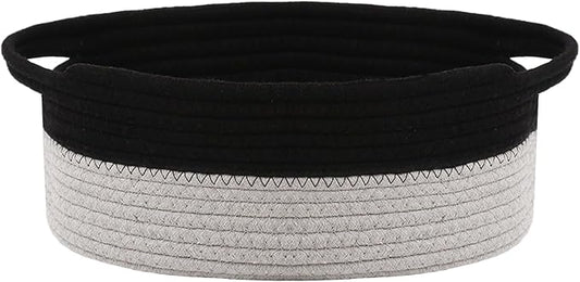 JMvicyroam Woven Basket,Small Rope Storage Bin with Handles & Ribbon Bag, Organizer for Shelves Closets,Gift Basket Empty for Birthday,Books,Dog Toys, Black&Grey