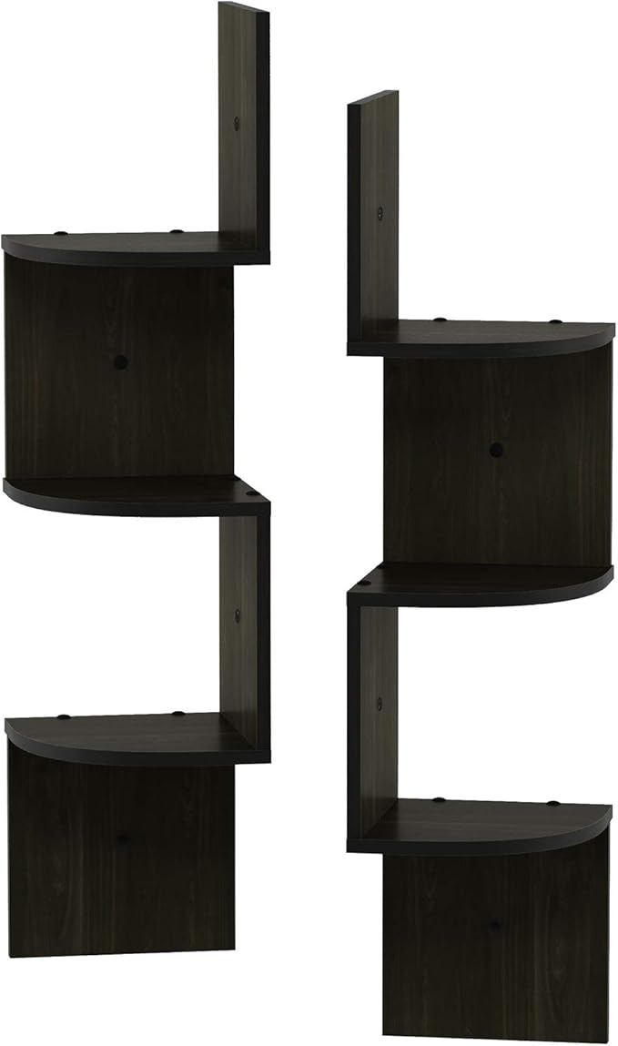 Furinno Rossi Wall Mount Floating Corner Shelf, 3-Tier Radial Set of 2, Espresso