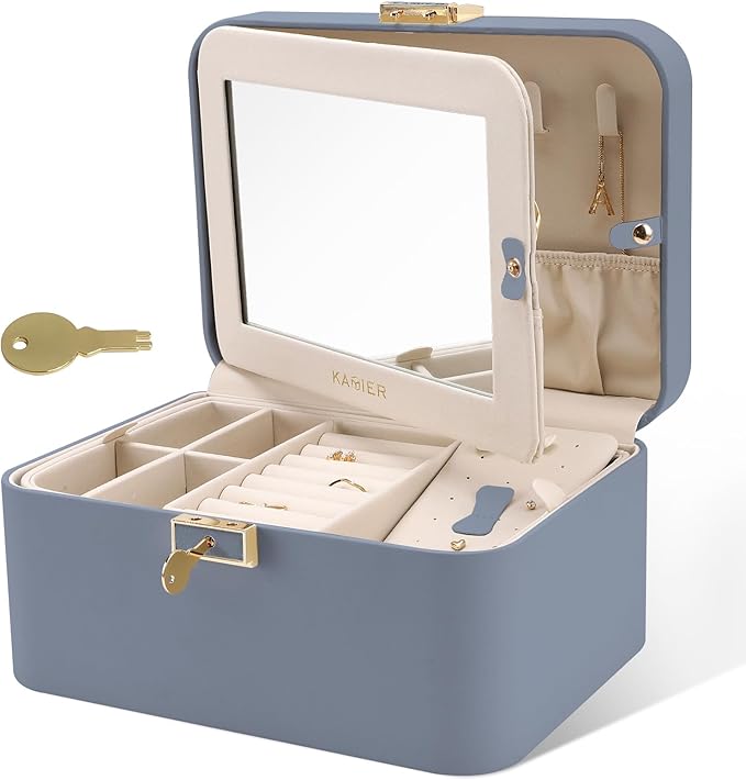 KAMIER Jewelry Organizer Box, 2 Layers PU Leather, Large Capacity, Double Lock and Large Mirror, Hidden Necklace Hooks, Removable Dividers, Gift Box Packaging,Bluish Grey