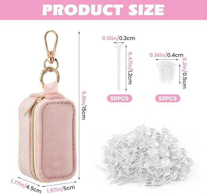 Velvet Mini Travel Jewelry Case, 2 in 1 Ring Holder Keychain + 50 Plastic Earrings, Portable Small Jewelry Organizer for Women, Travel/Gym/Wedding/Bridesmaid Gift