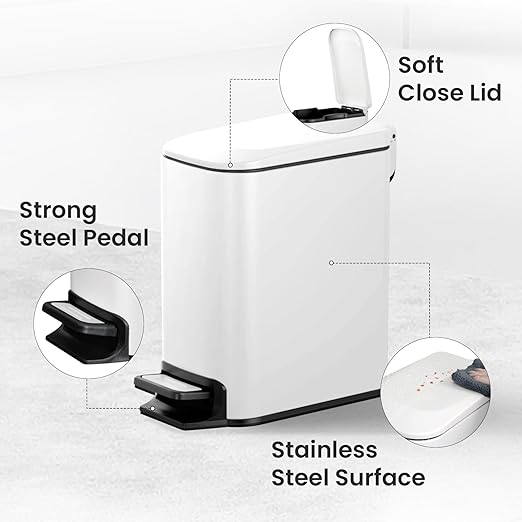 Cesun Small Bathroom Trash Can with Lid Soft Close, Step Pedal, 6 Liter / 1.6 Gallon Stainless Steel Slim Garbage Can for Bedroom, Diaper Waste Basket with Removable Inner Bucket (White)