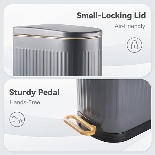 SYNCVIBE Slim Bathroom Trash Can with Soft Close Lid Stainless Steel Garbage Can Step Trash Bin with Removable Inner Bucket for Bedroom, Office, Kitchen (Matt Grey, 3.5 Gallons)