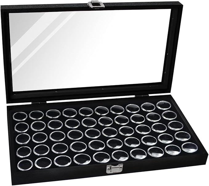 MOOCA Black Glass Top Jewelry Display Case Box 50 Gem Jars, Ring Box, Jewelry Organizer, Gem jar storage for Jewelry, Glass Display Box, storage Tray