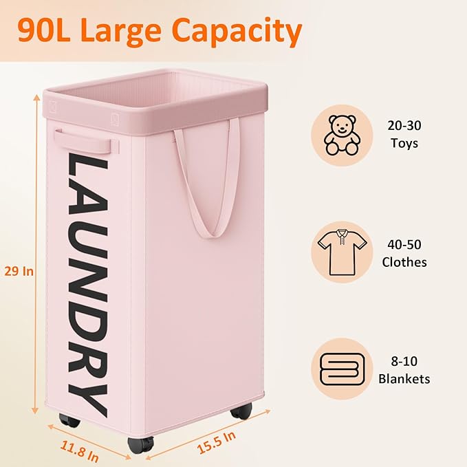 Optish Pink Laundry Basket with Wheels, Dorm Room Essentials for Girls, 90L Rolling Laundry Hamper with Wheels and Removable Mesh Bag for Clothes, Bedroom, Bathroom, College