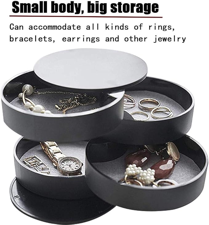 TIMESETL Jewelry Organizer, Small Jewelry Storage Box Earring Holder for Women, 4-Layer Rotating Travel Jewelry Tray Case with Lid for Bracelets Rings Bracelets - Black