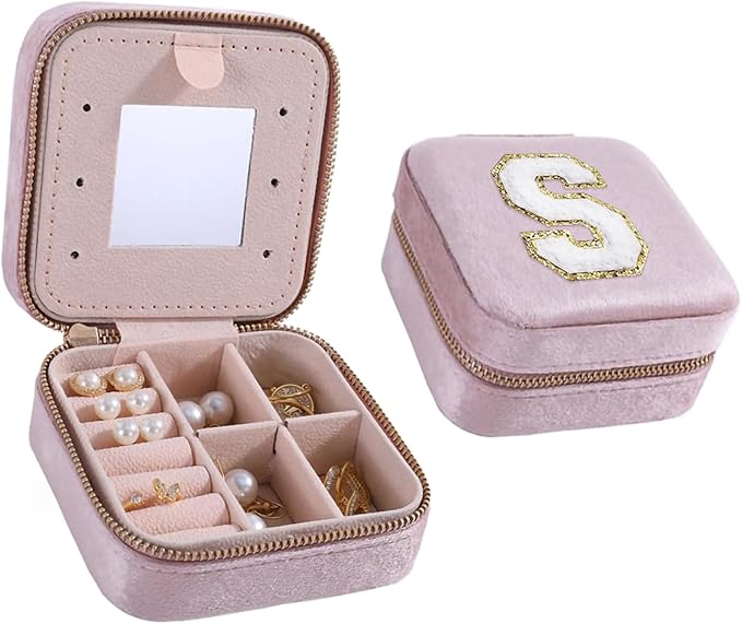 Travel Jewelry Case for Women Fashion, S Initial Small Travel | Gifts Trendy Stuff | Personalized Pink for Teen Girl