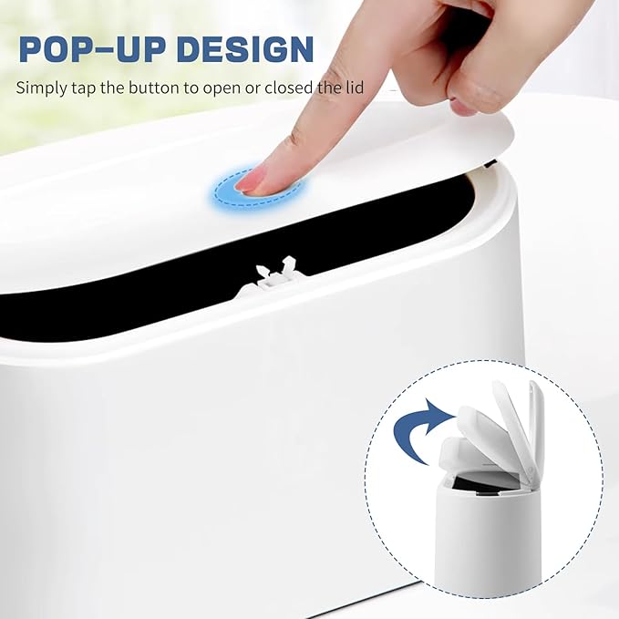 LTWQLing Mini Trash Can with Lid - Removable Small Garbage Can, Tiny Plastic Trash Bin, Pop Up Countertop Wastebasket, Counter Garbage Lint Bin for Bathroom,Office,Kitchen,Desk,Coffee Table(White)