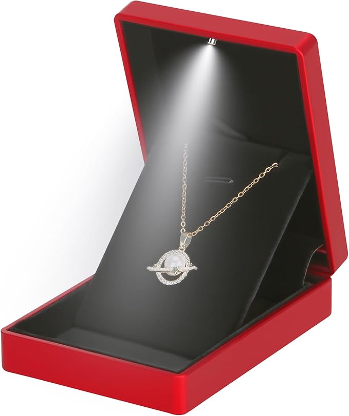 LED Light Pendant Necklace Gift Box, Velvet Jewelry Storage Display Case for Proposal Engagement Wedding Anniversary Birthday Valentine's Day (Red)