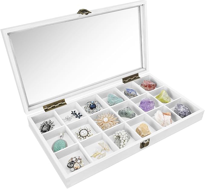 MOOCA Wooden Display Storage Case with Tempered Glass Lid for Jewelry and Beads with 18 Compartments Tray, 15 W x 8 3/8 L x 2 1/8 H in, Wash White Color