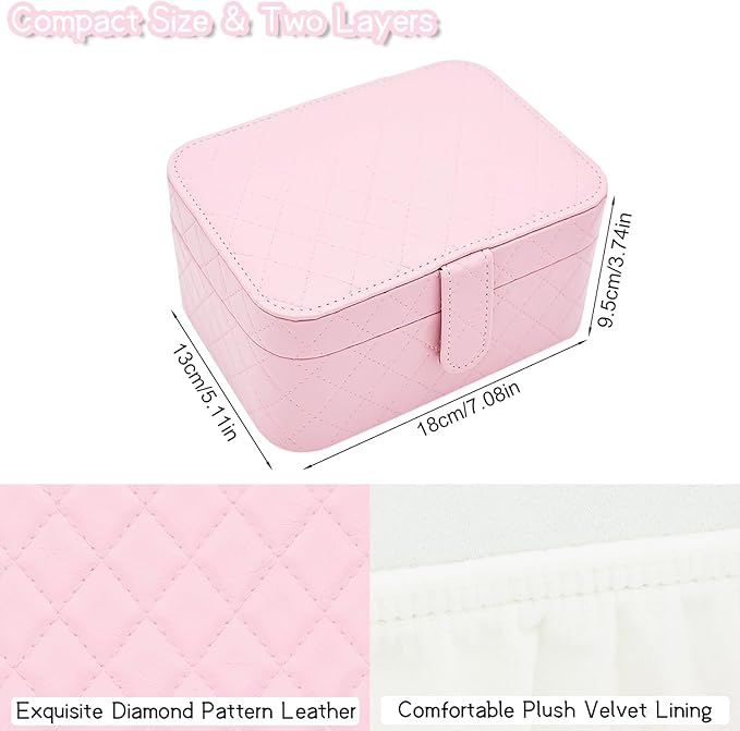 Jewelry Travel Case, 2-Layer Jewelry Box Organizer Medium Jewelry Travel Box, Portable Faux Leather Jewellery Storage Boxes with Argyle for Women, Daily Jewellery Case Home Use (Peach pink)