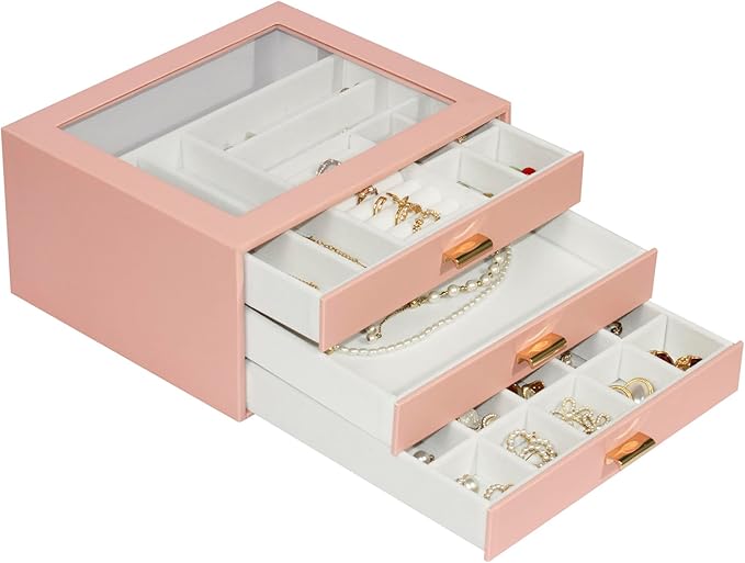 Jewelry Box Organizer with 3 Drawers,Glass Lid Jewelry Boxes for Women,Jewelry Storage for Rings,Necklaces,Earrings,Bracelets,Interesting Gift,Pink