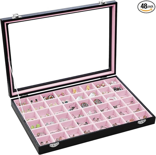 Stratalife Jewelry Organizer 48 Grid Jewelry Tray with Clear Lid Dust-proof Velvet Earring Organizer Necklace Rings Holder Display Drawer Storage Case for Women Pink Black