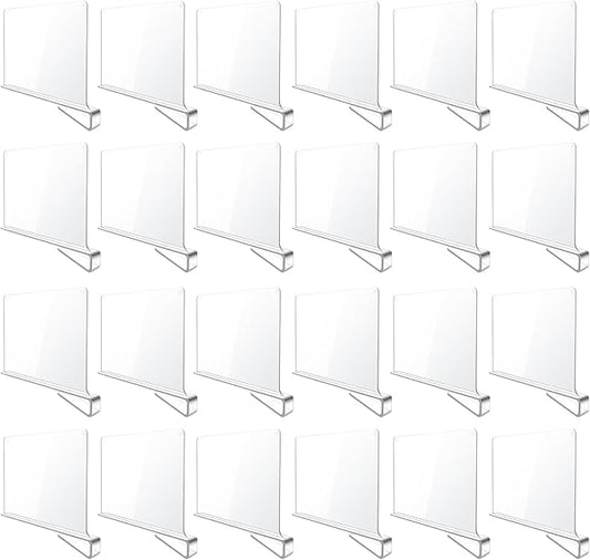 BAUMFEUER 24 Pack Clear Acrylic Shelf Dividers for Closet Shelf Organizer of Bedroom Kitchen Office Bathroom Organizer for Clothes Books Hats and Handbags