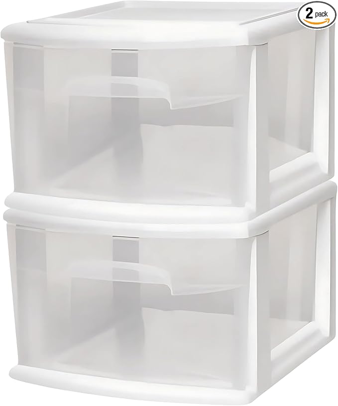 HOMZ 2-Pack 1-Drawer Storage Cart, Clear Plastic Container, 14.25" Wide Medium, White Frame - Organizing Drawer Containers for Home, Bathroom, Bedroom, Office, and Classroom