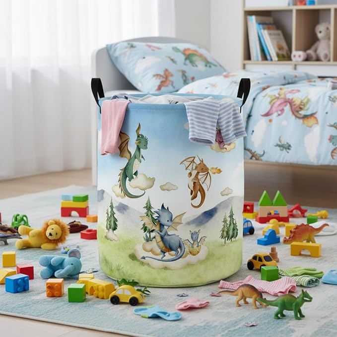 Baby Laundry Basket Baby Nursery Hamper Kids Laundry Basket Toy Storage Bin for Boys Room Decor Gift Baskets for Bedroom Bathroom(Flying Dinosaur)
