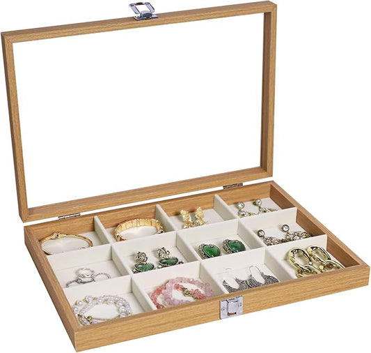 Stratalife Jewelry Organizer Wooden Bracelet Jewelry Box Jewelry Tray with Lid Bracelet Holder Organizer Earring Organizer for Women Bangle Storage Vintage Jewelry Box 12 Grid