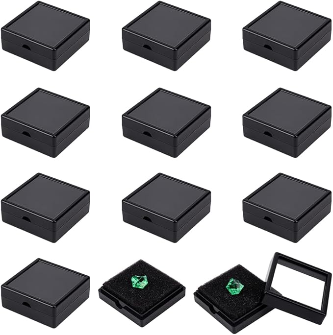 BENECREAT 12Pack Black Gemstone Display Box 2" x 0.78" Jewelry Box Container with Clear Top Lids for Gems, Coins, Christmas Festival Wedding Jewelry Packing