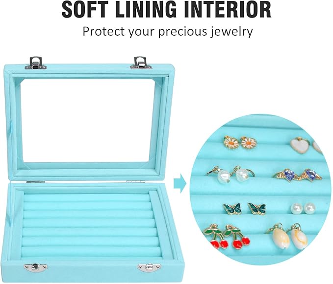 Vicoter Rings Organizer Tray 7 Slots Velvet Jewelry Earring Storage Box with Transparent lid Jewelry Display Case for Girls Wife Mom Women (Light Blue)