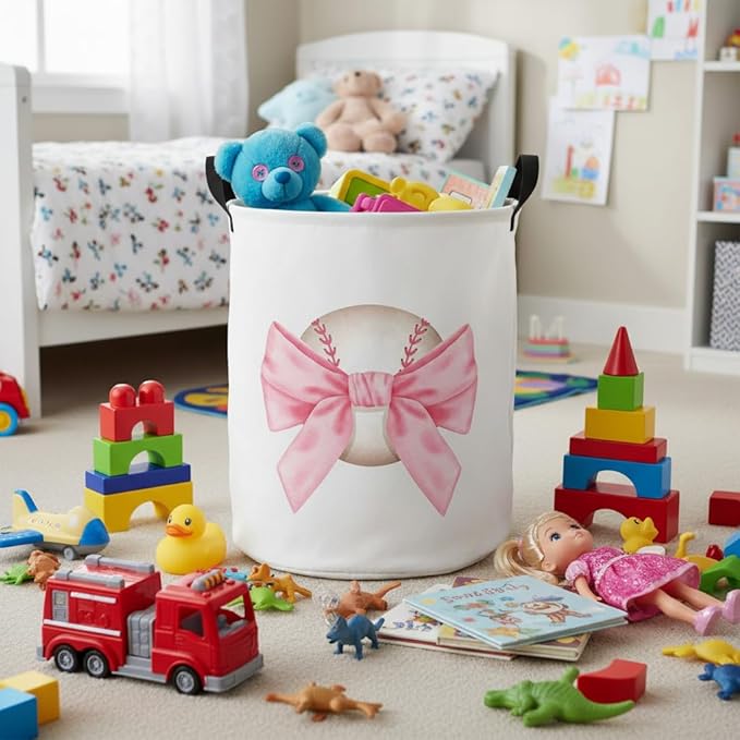 Baby Laundry Basket Baby Nursery Hamper Kids Laundry Basket Toy Storage Bin for Boys Room Decor Gift Baskets for Bedroom Bathroom(Bowknot Baseball)