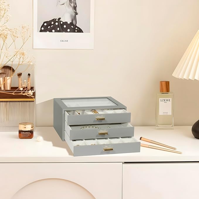 Jewelry Box Organizer with 3 Drawers,Glass Lid Jewelry Boxes for Women,Jewelry Storage for Rings,Necklaces,Earrings,Bracelets,Interesting Gift,Gray