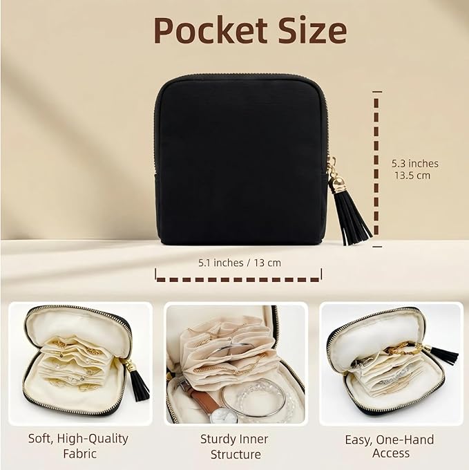 Mini Travel Jewelry Case, Small Jewelry Organizer, Jewelry Travel Case for Women, Portable Travel Jewelry Organizer Bag, Travel Jewelry Box – 5.3 × 5.1 inches (Black)