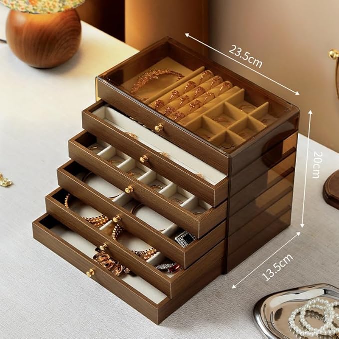Wooden Jewelry Box Organizers and Storage for Girls Women 6 Drawers Multi-Layer Storage Case for Rings Earrings Necklaces Bracelets Vintage Box