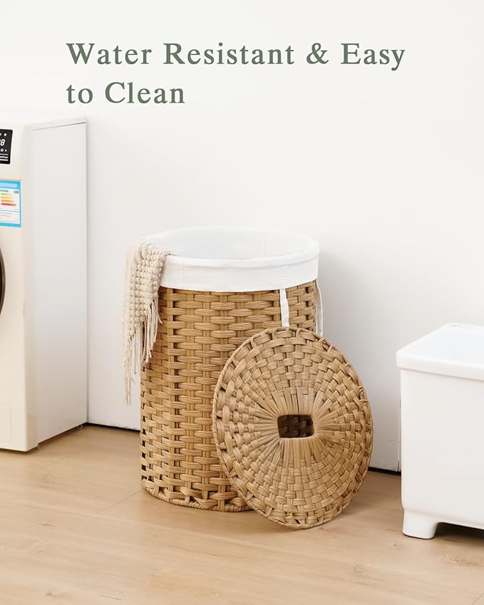 SETVSON Laundry Hamper with Lid 23.8 Gal (90 L) Round Laundry Basket with Lid Handwoven Clothes Hamper Removable Bag 2 Mesh Bags Rattan Woven Basket Handles for Bathroom Living Room Natural