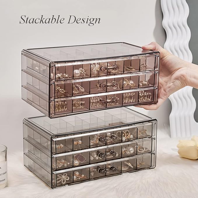 YUFONG Earring Storage Box Organizer 3 Drawers Acrylic Jewelry Storage Box Holder Transparent Jewelry Display Stand with 72 Small Compartments Gift for Women Girls (Clear Black)