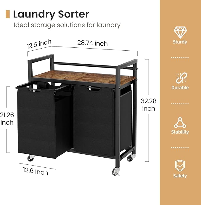 SwaaVee Laundry Hamper, Laundry Basket, Laundry Sorter with 2 Removable Bags, Clothes Basket with 2 Compartments, Wheels, Shelf for Laundry Room Bathroom Bedroom (2 Bags-Black)