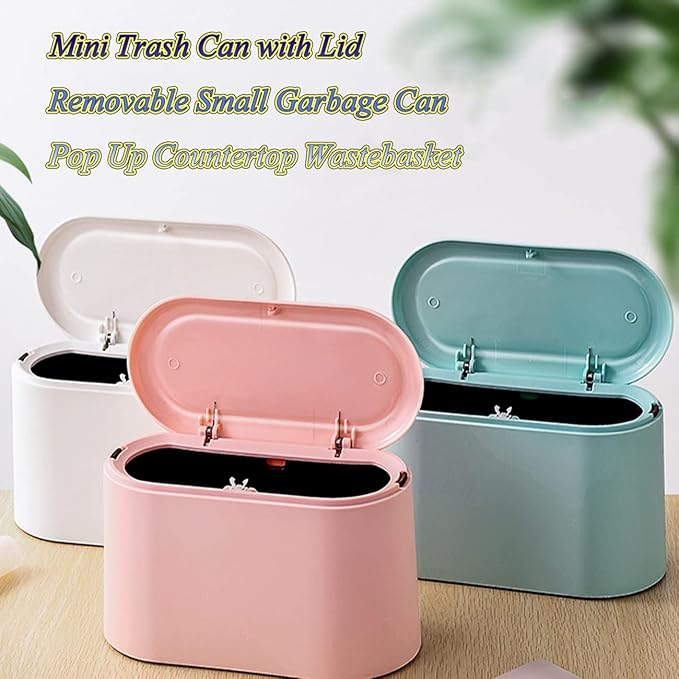LTWQLing Mini Trash Can with Lid - Removable Small Garbage Can, Tiny Plastic Trash Bin, Pop Up Countertop Wastebasket, Counter Garbage Lint Bin for Bathroom,Office,Kitchen,Desk,Coffee Table(Pink)