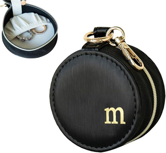 COLLECTIVE HOME - Monogrammed Letter Jewelry Case, Portable Travel Ring Holder Box with Keychain, Personalized Initial Organizer for Earrings Necklaces, Gift for Her (Black-m)
