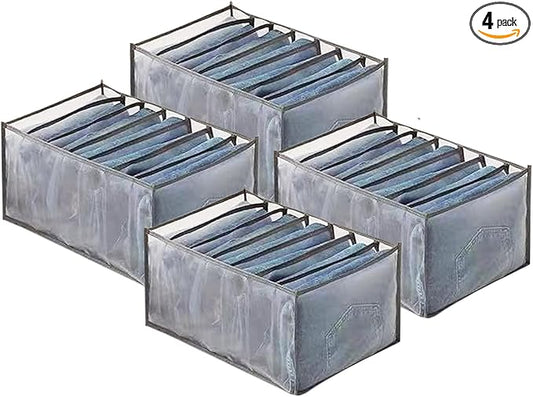 Wardrobe Clothes Organizer, 7 Grids Washable Portable Closet Organizer Mesh Separation Storage Box Foldable Closet Drawer Organizer for Underwear, Socks, Scarves, Jeans (Grey, 4 Jeans Grid)