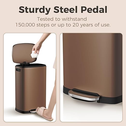 ELPHECO LPHECO Kitchen Trash Can with Lid Soft Close, 13 Gallon / 50L Stainless Steel Pedal Garbage Can, Heavy-Duty Step Wastebasket with 20 Bags, Removable Bucket, Home Office, Kitchen, Brown