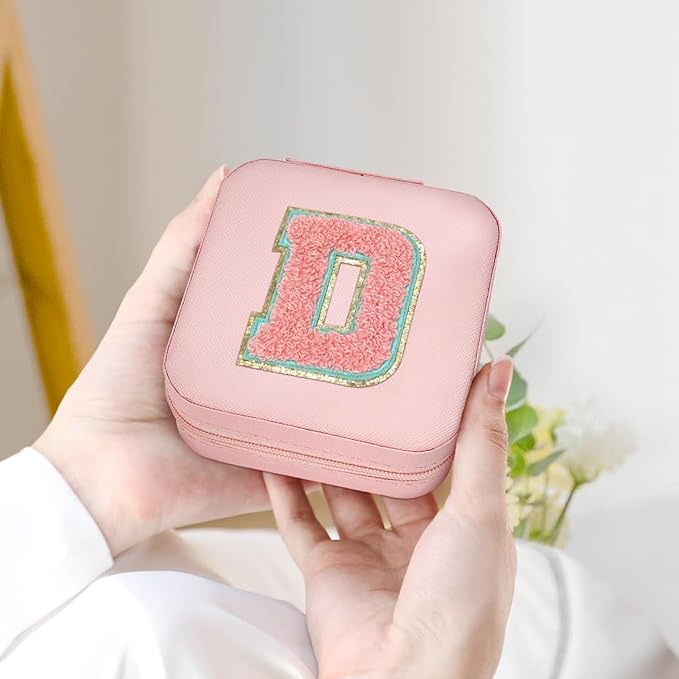 SANDJEST Personalized Jewelry Box, Pink Travel Jewelry Box with Initial D, Small Monogrammed Jewelry Case Organizer for Girls Women Teen Kids, Mini Travel Essentials Gifts for Birthday Christmas