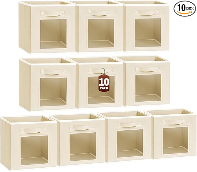 Homsorout Foldable Storage Cubes - Cubby Storage Organizer with Window, Decorative Baskets for Organizing, 11 Inch Fabric Cube Shelf Bins, Set of 10, Beige