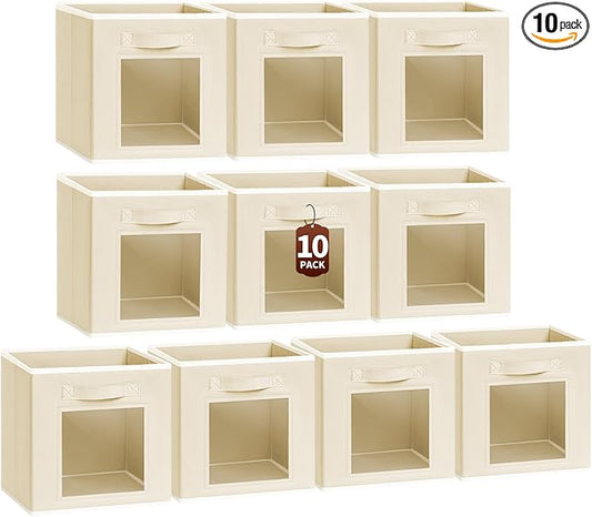Homsorout Foldable Storage Cubes - Cubby Storage Organizer with Window, Decorative Baskets for Organizing, 11 Inch Fabric Cube Shelf Bins, Set of 10, Beige