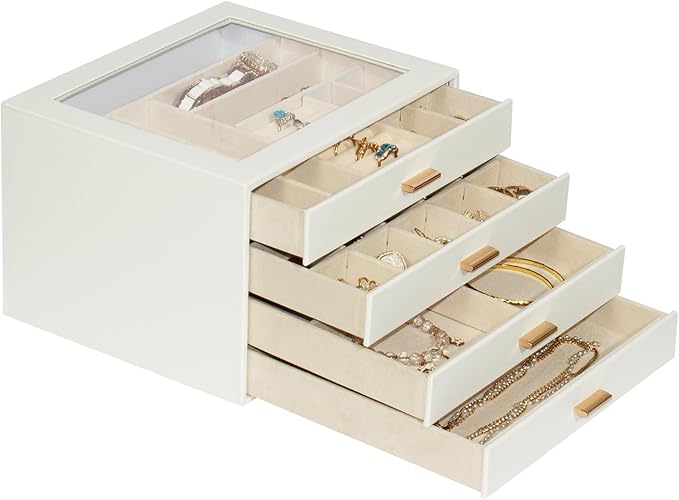 Jewelry Box with Glass Lid, 4-Layer Jewelry Organizer for Women Girls, PU Leather Display Case with 20-Grid Earring Tray & Movable Dividers for Necklaces Rings - Cloud White