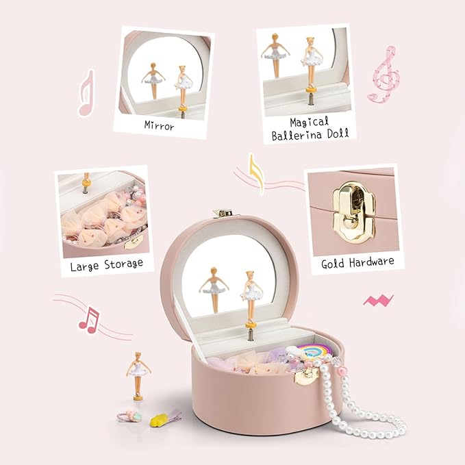 VLANDO Musical Jewelry Box for Girls, Small Kid Music Box with Ballerina for Party Bedroom Decor, Bithday Gift for Girl - Pink