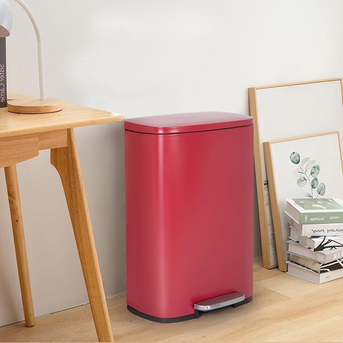 FDW | 13 Gallon Trash Can with Lid | Red | Fingerprint-Proof | Made of Brushed Stainless Steel | Soft-Close Step Pedal | Hands-Free Use | Easy to Clean | for Kitchen, Office, Bathroom