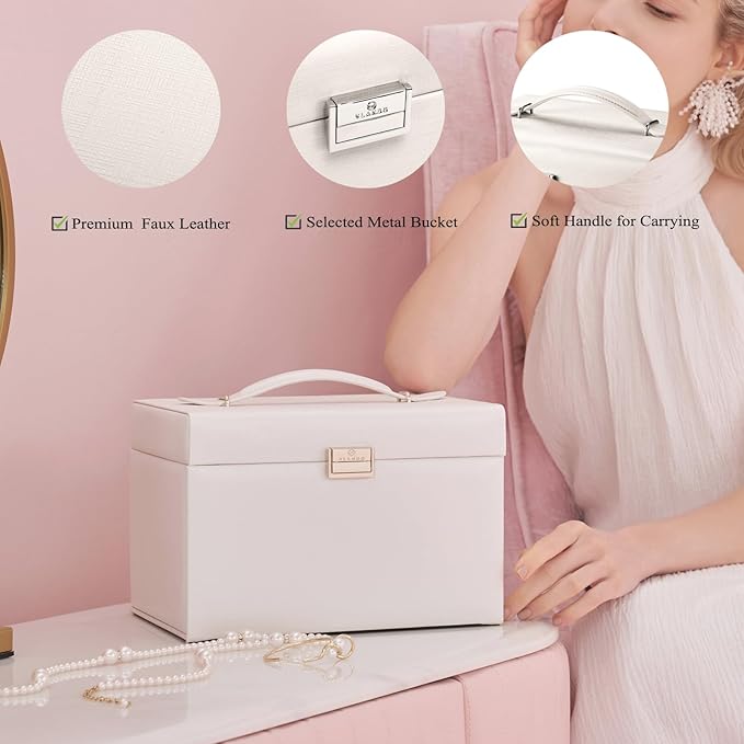 Vlando Mirrored Jewelry Box Organizer, Leather Jewelry Storage Case, Necklaces Earrings Rings Brackets Box Holder, Pearl White